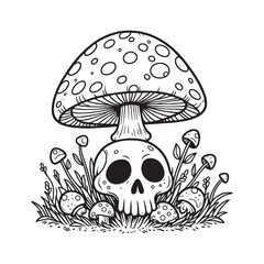 A unique black and white illustration showing a mushroom with a skull beneath it surrounded by small mushrooms.