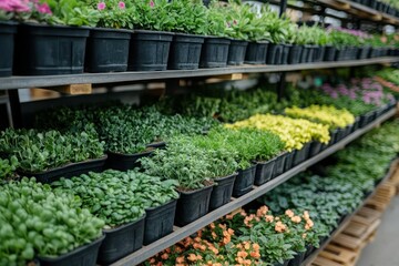 Various potted plants on multiple shelves