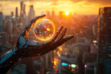 A robotic hand gently holds a glowing orb, symbolizing technological advancement and a futuristic cityscape at sunset.