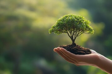 On a green background, a hand holds a large tree, embodying the idea of the eco earth day concept