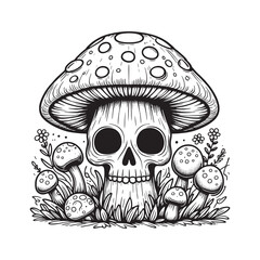 Black and white illustration featuring a skull beneath a mushroom with smaller mushrooms and flowers.