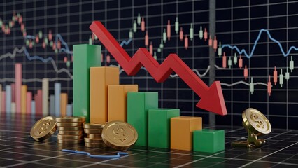 Downward trending bar graph depicting financial decline, falling coin stacks, red arrow signaling economic contraction on market chart.