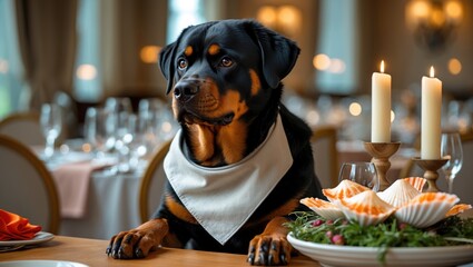Rottweiler dog wearing a bib, sitting at a beautifully set restaurant table with elegant decor and candles.