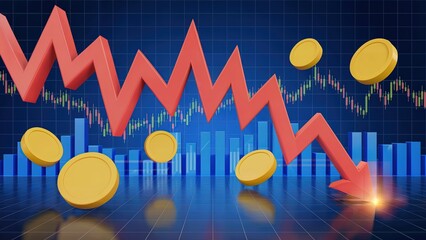 Downward red arrow piercing through scattered falling coins symbolizing financial market decline and economic instability.