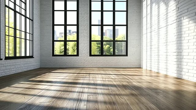 Bright studio space with smooth white brick walls, beautifully aged oak wood floors, and large black-framed windows flooding the room with natural light for a perfect creative conc