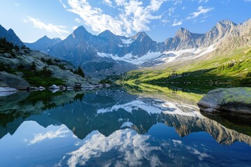 Serene mountain lake reflects majestic peaks and a vibrant blue sky, creating a breathtaking mirrored landscape.