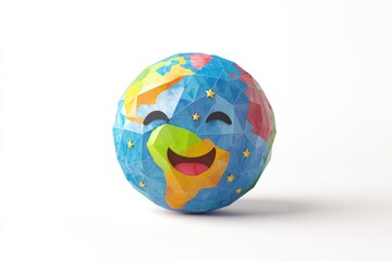 A cheerful, polygonal Earth globe with a smiling face, adorned with stars.