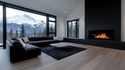 Modern mountain living room with stunning views.  Large windows showcase breathtaking snow-capped peaks and forested landscape.  Sleek black sectional sofa, minimalist coffee table,