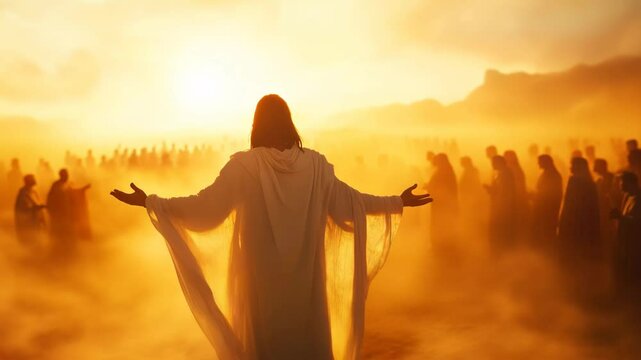 Jesus christ preaching the sermon on the mount in a radiant sunrise with followers in the background