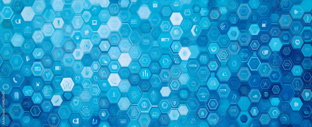 Poster a background of digital hexagons with icons representing data