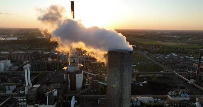 chempark krefeld uerdingen, sunset aerial view. Chemical production in plastics, solvents, specialty chemicals, and other industrial materials.