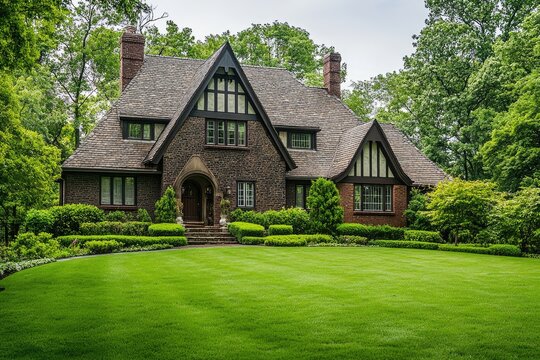 A stunning Tudor-style home nestled amongst lush greenery, showcasing exquisite architecture and landscaping.