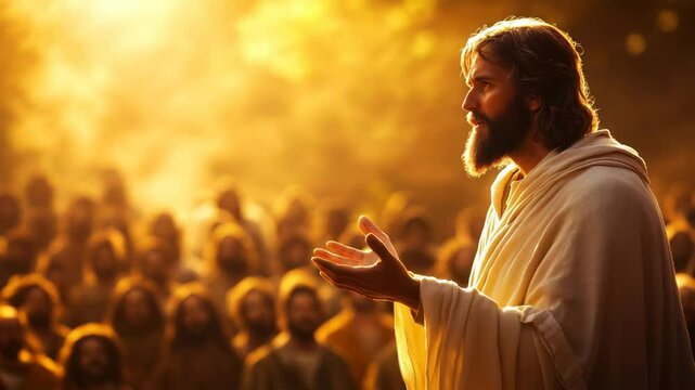 Jesus christ s inspiring sermon on the mount with followers, bathed in golden sunrise light

