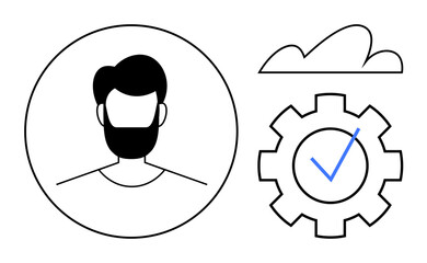 Silhouette profile avatar in a circle, gear with checkmark, and cloud shape signifying collaboration, automation, cloud computing, profile settings, success, business tools and technology. Flat