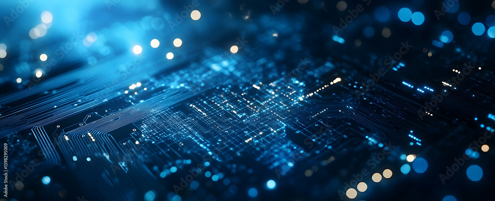Poster abstract blue background with a digital circuit board and glowing particles. digital technology conc