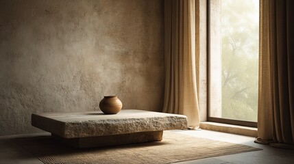 a cozy livin room in earthy tones featuring an oversized stone coffee table