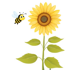Delightful Cartoon Sunflower and Bee Illustration, A Vibrant Image Conveying Joy, Nature, and the Interconnectedness of Life, Suitable for Children's Products