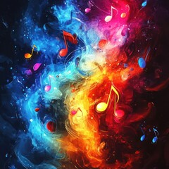 Vibrant musical notes swirling in a mix of fiery and icy colors