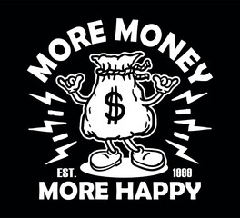 Groovy funky vector of sack of money mascot illustration cartoon style, retro and trendy graphic design. Fun funky vector money mascot for streetwear design concept.