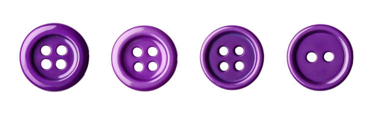 Isolated purple sewing button set on transparent background, high resolution PNG file