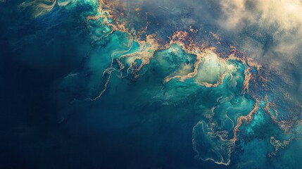 Abstract artwork of flowing blue and green waters with gold accents