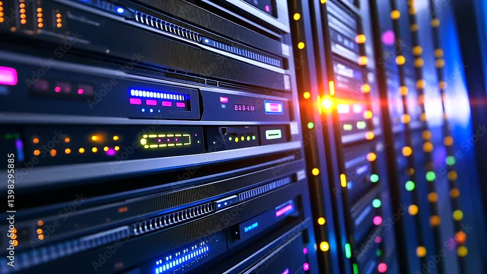 Poster close-up of advanced rack-mounted servers with multi-colored led indicators flashing systematically,