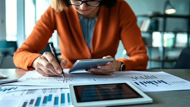Close-up of an adult learning instructor carefully reviewing printed lesson plans, highlighting key points, while a tablet displaying a presentation slides rests on the side