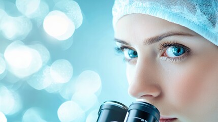 Examining Lab technician examining a specimen under a microscope with a focused expression.