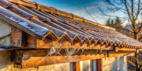 Fototapeta premium Frozen Roofline Detail Icy Crystals Adorn Aged Wooden Eaves and Tiles at Sunrise