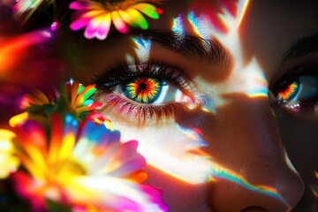 Close-up of a woman's eye adorned with vibrant flowers and a rainbow light projection.