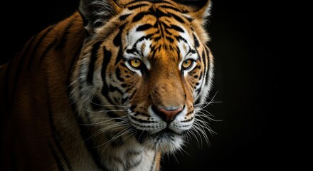 Naklejka premium Close-up of Bengal Tiger with Glowing Amber Eyes