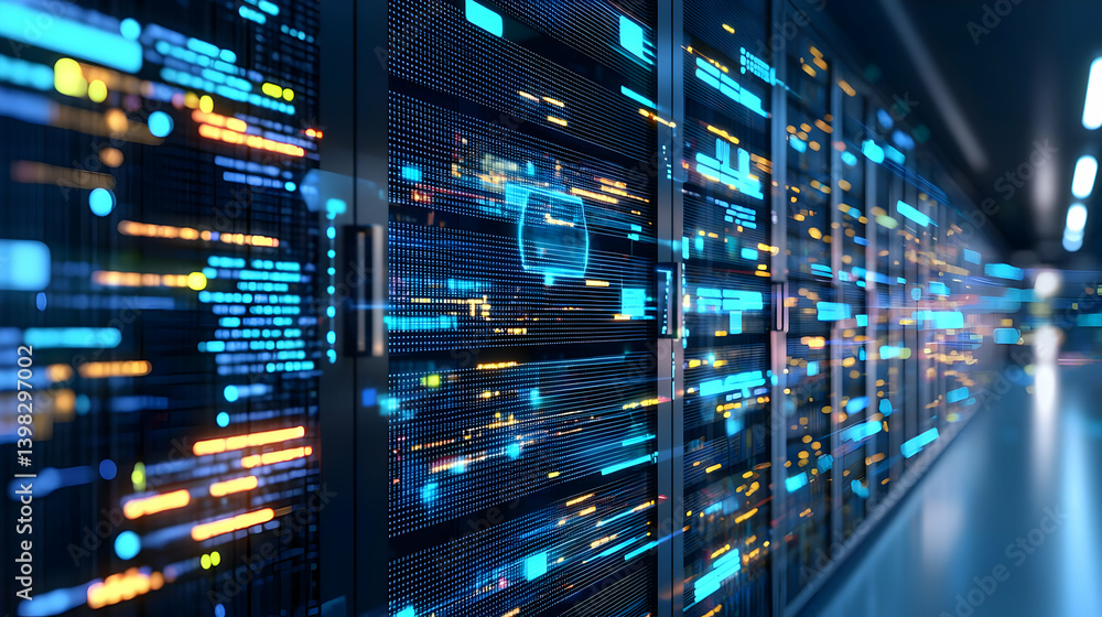 Poster high-tech server room with glowing data displays