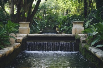 Peaceful water flow through lush greenery in a serene garden setting