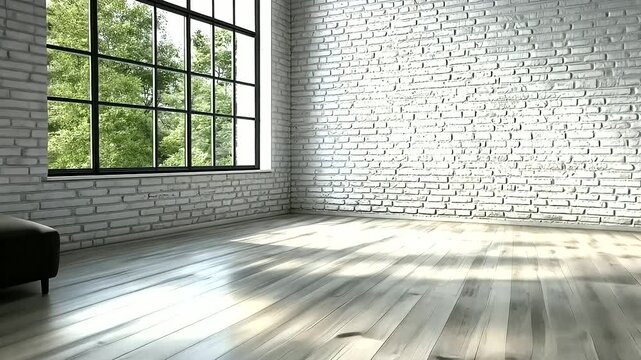 Contemporary open room with clean whitewashed brick walls, lightly distressed wooden plank flooring, and a high ceiling enhancing the spaciousness of the minimalist design