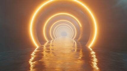 Obraz premium A futuristic tunnel with glowing circles and reflective water
