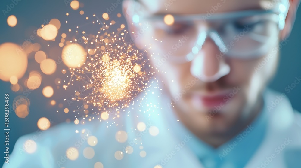 Poster particle researcher observing the interaction of tiny particles with light in a laboratory.