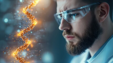 Genetic Geneticist analyzing a DNA strand on a computer, discovering genetic patterns in research.