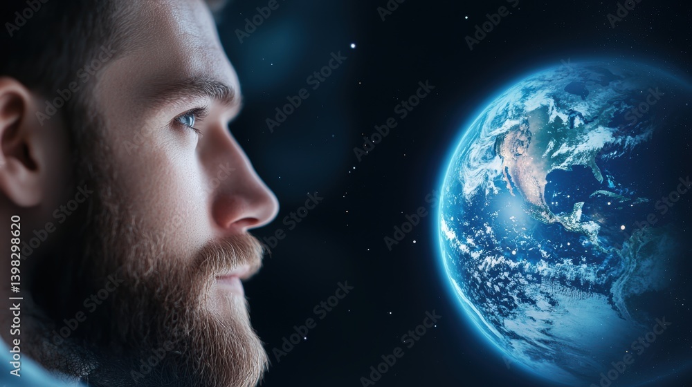 Poster planet space scientist reviewing planetary data received from a satellite on a large screen.