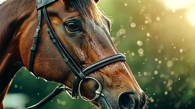 Detailed close-up of a majestic chestnut racehorse, veins visible beneath damp skin, sweat dripping, and the polished leather bridle reflecting sunlight as the jockey urges it forw