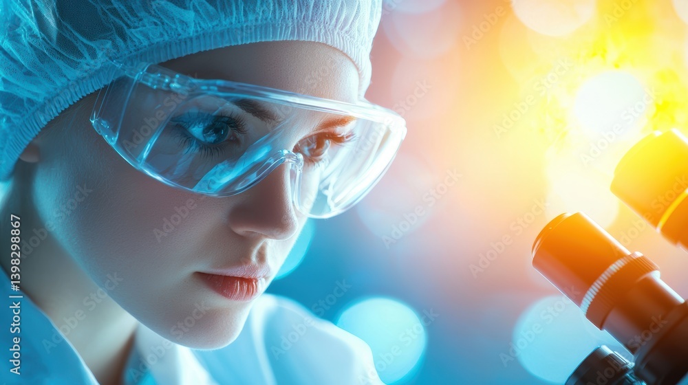 Poster examining biologist examining a blood sample to detect any abnormalities under a microscope.