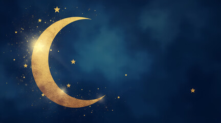 Naklejka premium Ramadan crescent moon and stars in deep blue and gold watercolor, serene spiritual background with soft blending and copy space