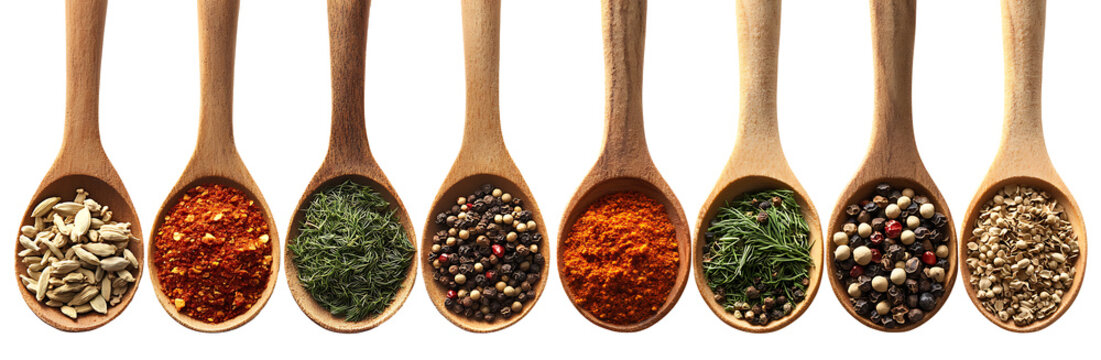 Mix various spices, white peppercorns, dried chopped dill, hot spices, spicy chili red chili powder, sprinkle cinnamon powder on wooden spoon, isolated on transparent background, high resolution PNG f