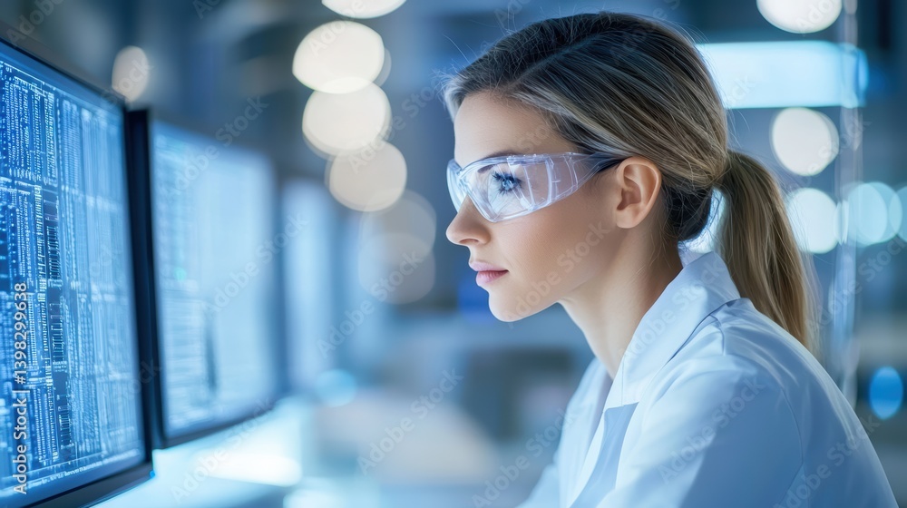 Poster technician female technician checking data on a computer screen, ensuring accurate results in a lab.