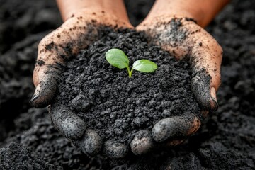 A woman's hand gently holding a tree seedling in a nature field with grass and a blurred green background represents the Earth Day theme of environmental conservation, including forest preservation