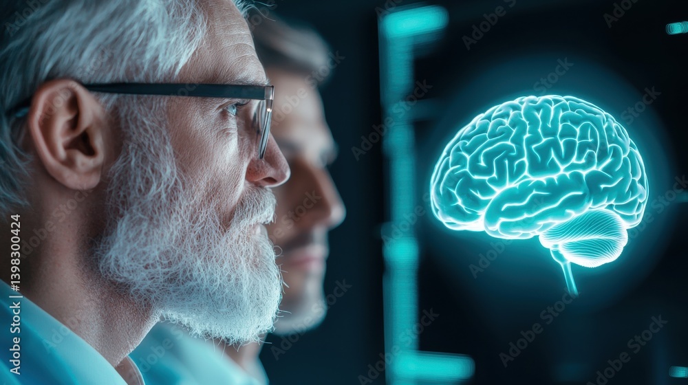 Poster brain doctor consulting with a patient while analyzing a brain mri, discussing health options.