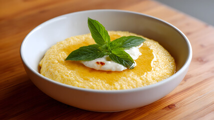 Creamy Cornmeal Dish with Cheese and Butter Topped with Fresh Herb Decoration
