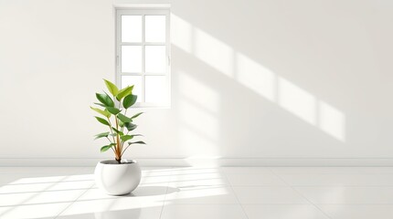 A bright, minimalist interior scene with a potted plant and a window.