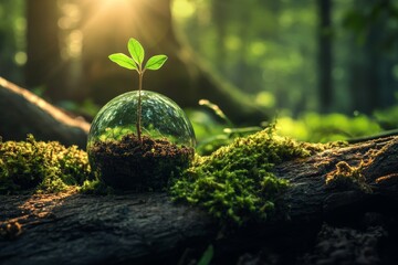 The concept of eco earth day is illustrated by a glass globe ball that contains a growing tree set against a blurred green nature background