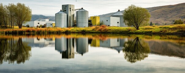 Naklejka premium Biomass Hydro Night Style. Industrial buildings reflected in calm water, surrounded by trees and hills.