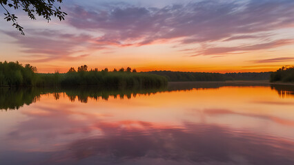 Tranquil Sunset Over a Calm River – Warm Golden Light Reflection